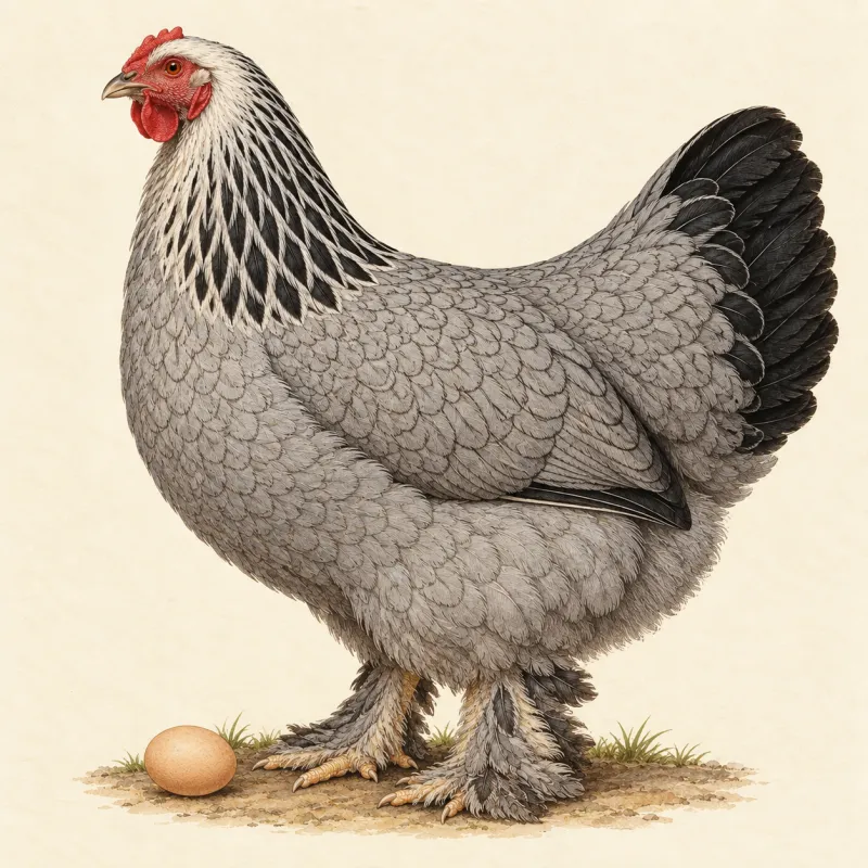 Illustration of a very large Dark Brahma hen with grey pencilled plumage and feathered feet, and a brown egg