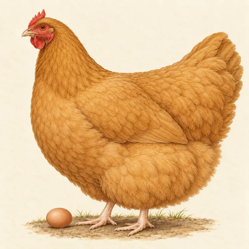 Illustration of a big, loosely feathered Buff Orpington hen with a light brown egg