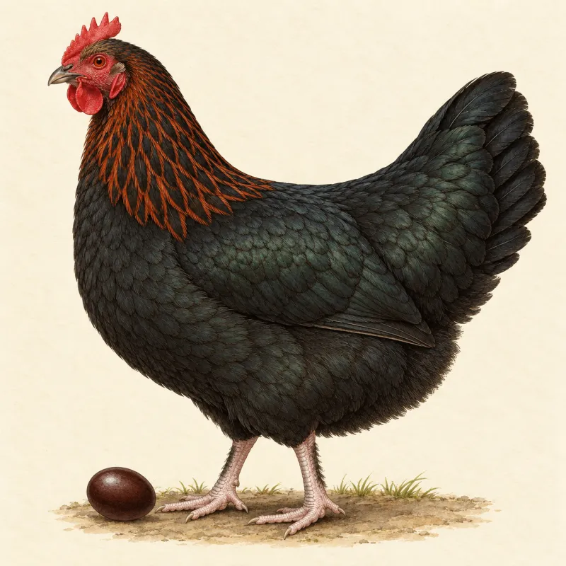 Illustration of a black Copper Black Marans hen with a copper neck, and a dark chocolate-brown egg
