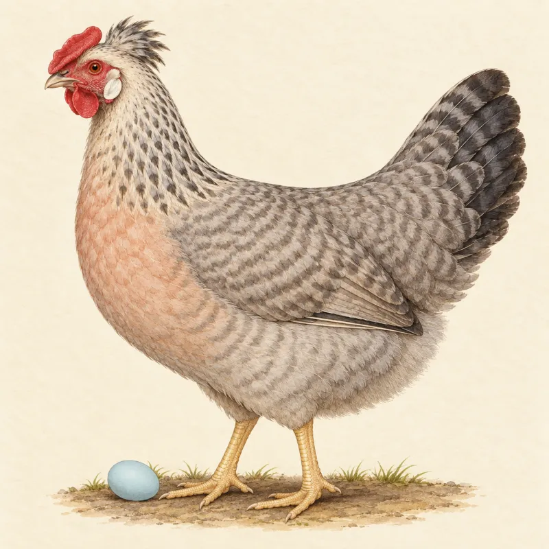 Illustration of a crested, grey-barred Cream Legbar hen with a sky blue egg