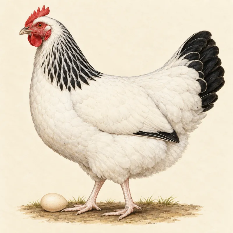 Illustration of a Light Sussex hen, white with a black-striped neck and a black tail, with a tinted egg