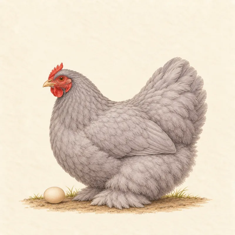 Illustration of a small, round lavender Pekin bantam hen with feathered feet, and a small cream egg