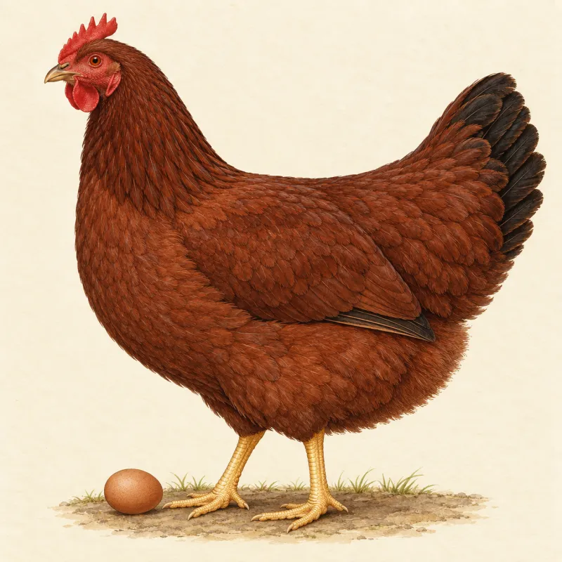Illustration of a deep red Rhode Island Red hen with a brown egg