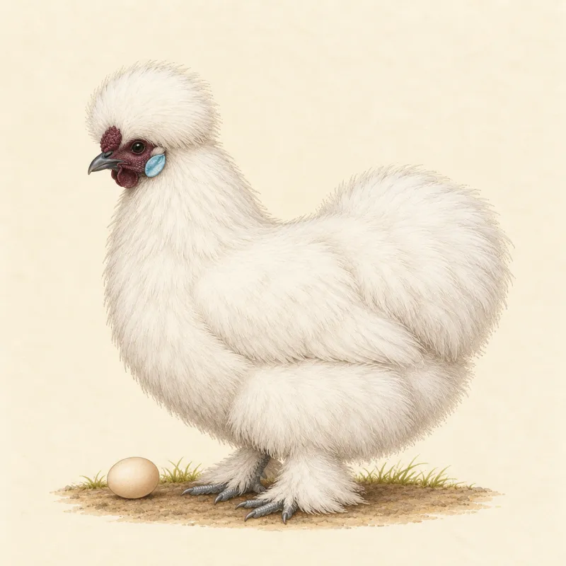 Illustration of a white Silkie hen with fur-like plumage and a rounded crest, and a small tinted egg