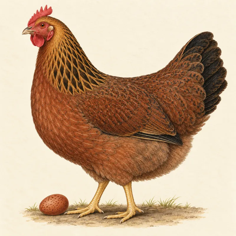 Illustration of a partridge-coloured Welsummer hen with a speckled, deep red-brown egg