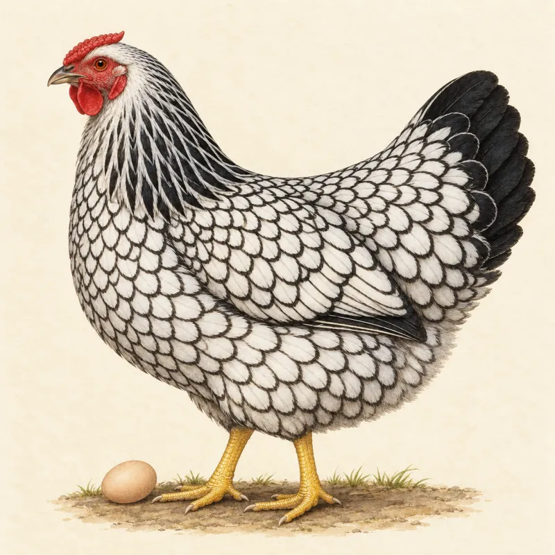 Illustration of a Silver Laced Wyandotte hen, each white feather edged in black, with a brown egg