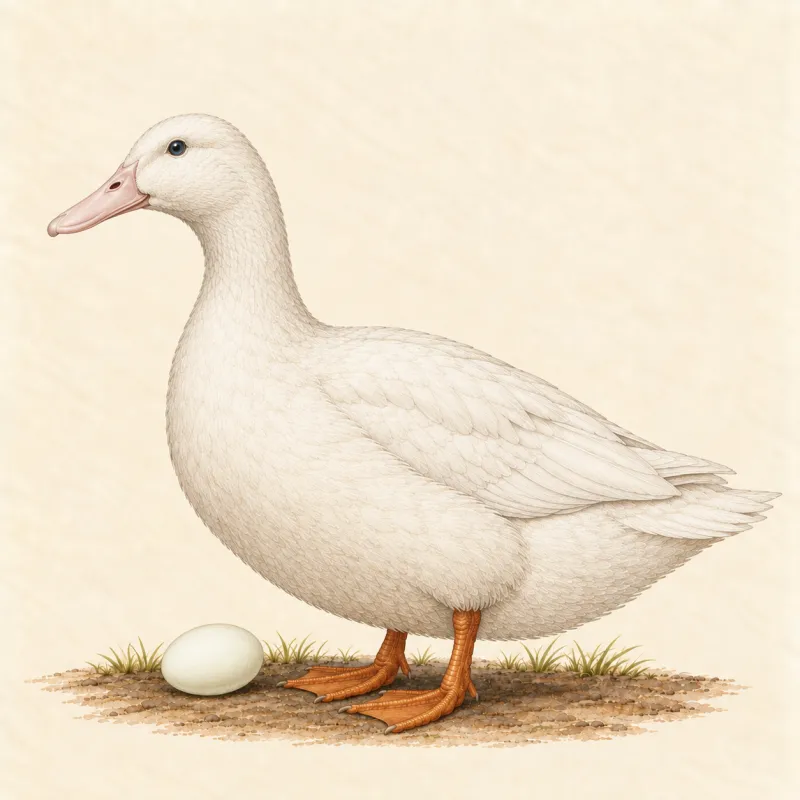 Illustration of a large white Aylesbury duck with a pink bill and deep keel, and a white egg