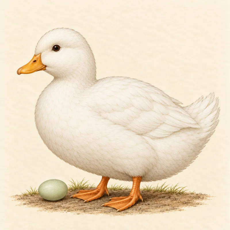 Illustration of a small, round white Call duck with a short bill, and a small pale green egg