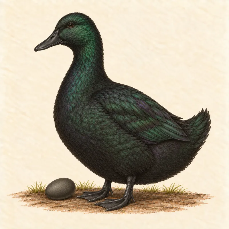 Illustration of a black Cayuga duck with a green sheen, and a charcoal-black egg