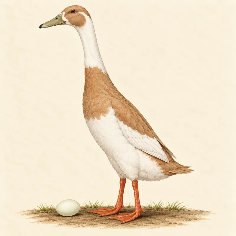 Illustration of a fawn-and-white Indian Runner duck standing bolt upright, with a pale egg at her feet