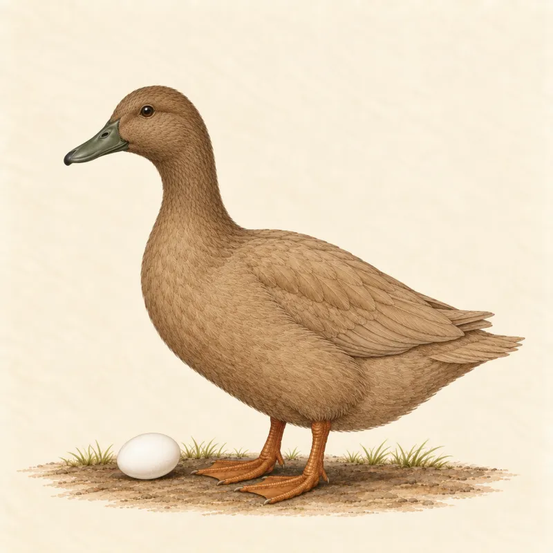 Illustration of a khaki-brown Khaki Campbell duck with a white egg
