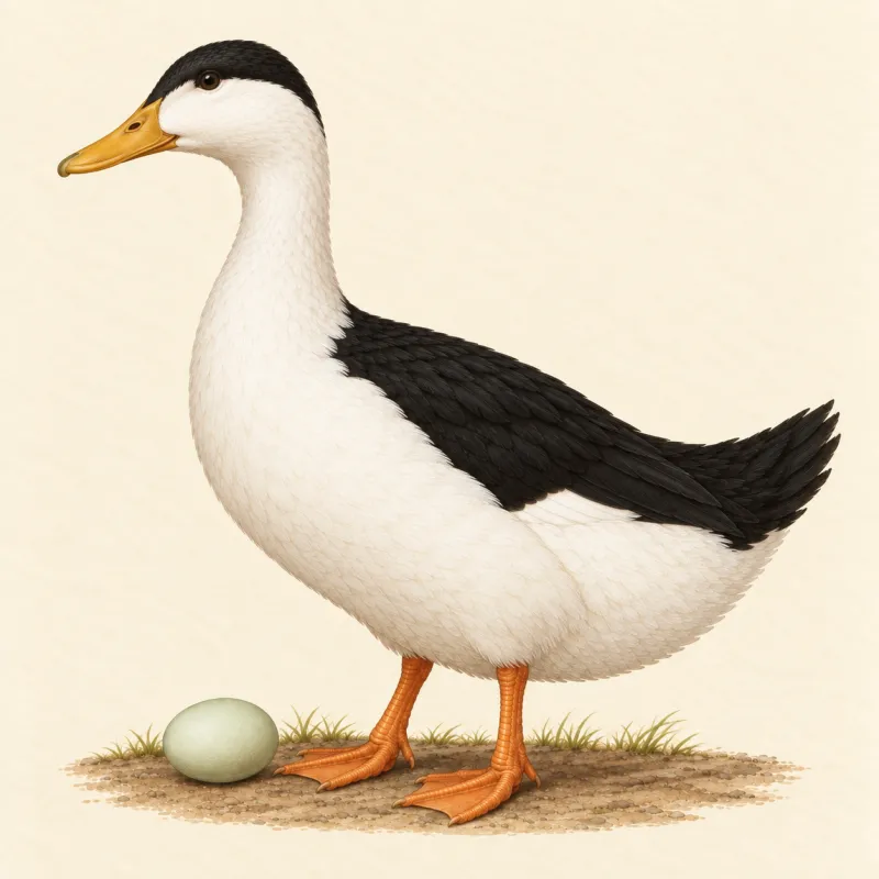 Illustration of a black-and-white Magpie duck with a black cap and back, and a pale egg