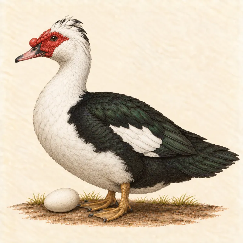 Illustration of a black-and-white Muscovy drake with a red face, and a white egg