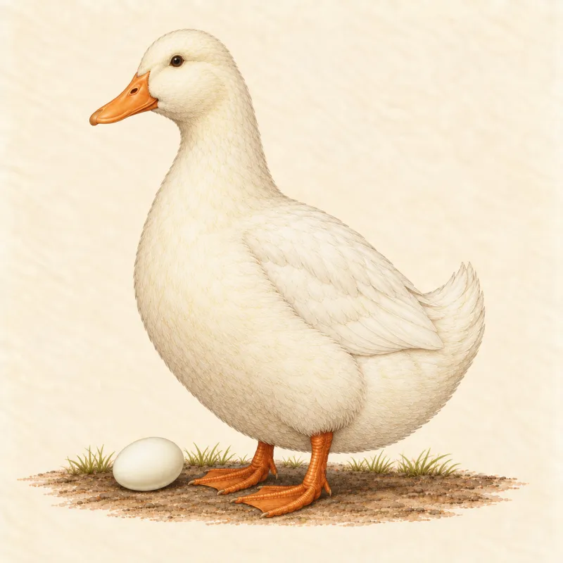 Illustration of an upright, creamy white Pekin duck with an orange bill, and a white egg