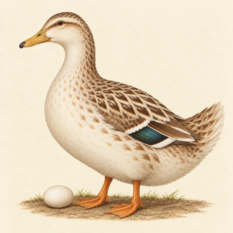 Illustration of a silver-white and fawn Silver Appleyard duck with a white egg