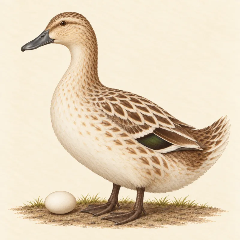 Illustration of a cream and fawn Welsh Harlequin duck with a white egg