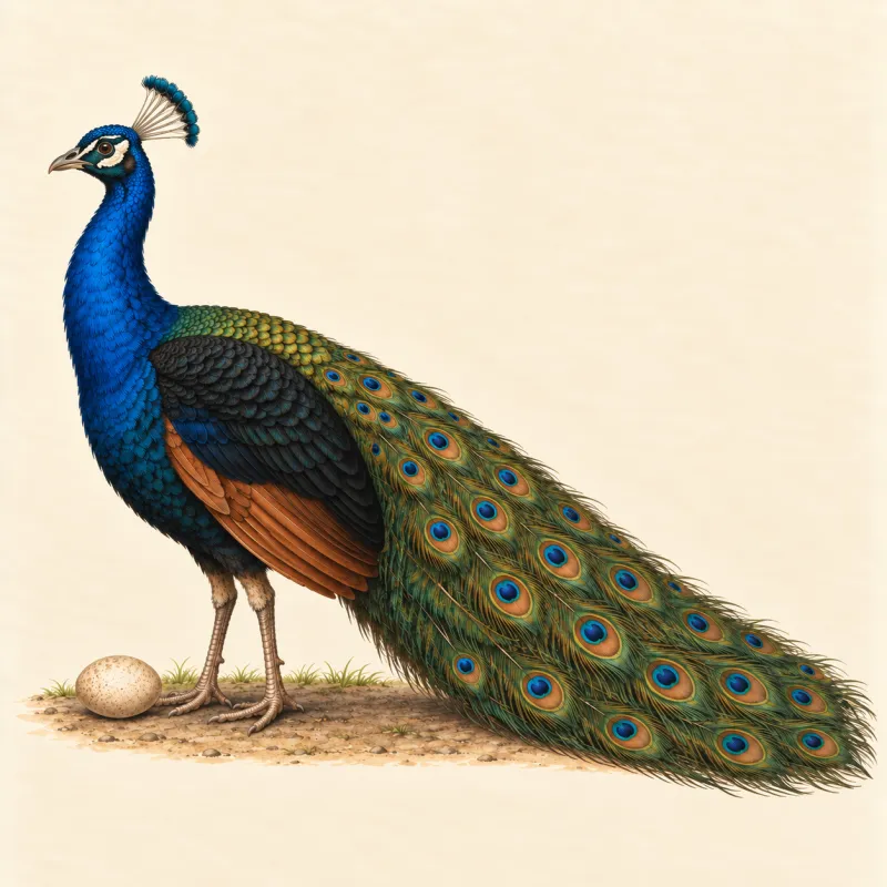Illustration of a Black Shoulder peacock with plain black wings and a blue neck, and a light brown egg