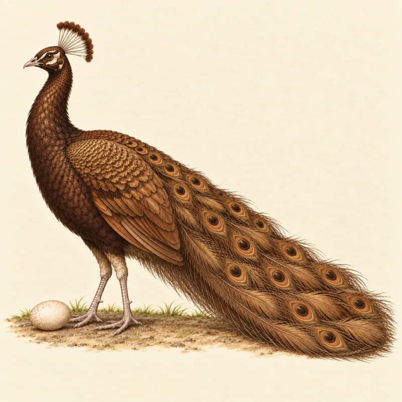 Illustration of a deep bronze Buford Bronze peacock, and a light brown egg