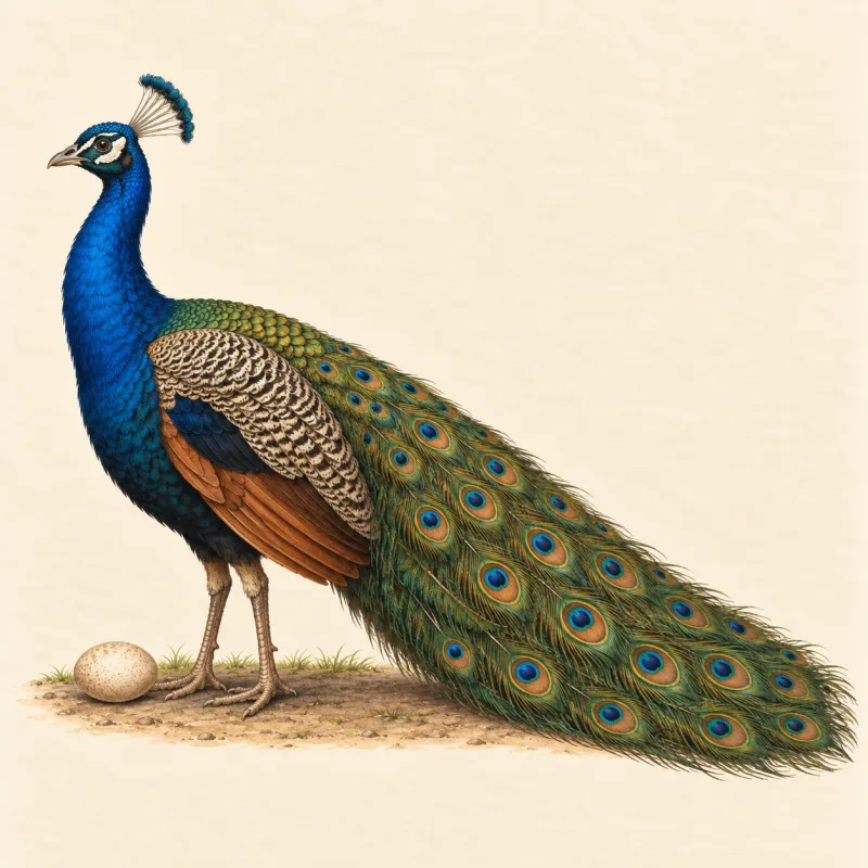 Illustration of an India Blue peacock with a blue neck and a long eyed train, and a light brown egg