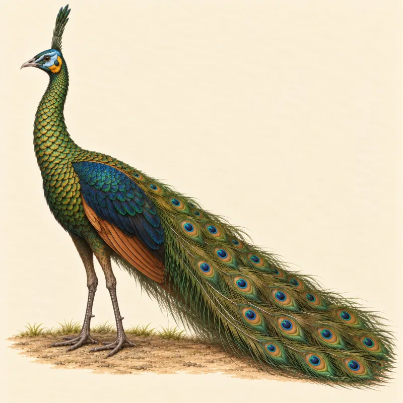 Illustration of a Java Green peacock with a tall tufted crest, a green and gold scaled neck and a long green train