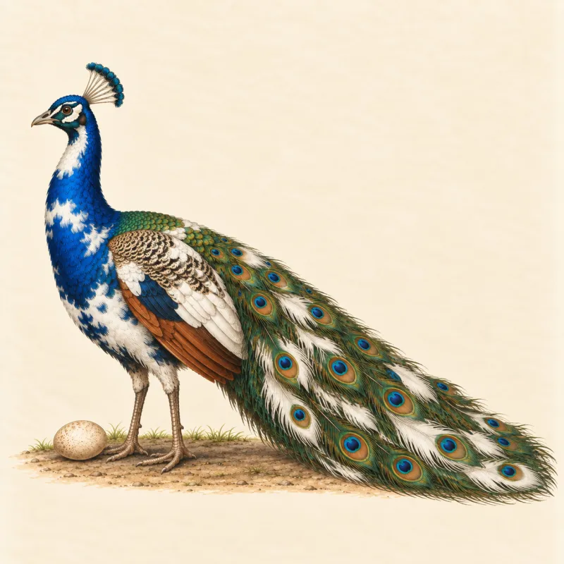 Illustration of a Pied peacock, blue and green splashed with white, and a light brown egg