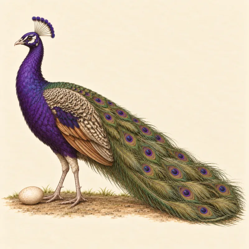 Illustration of a Purple peacock with a deep blue-purple neck and purple-ringed train eyes, and a light brown egg