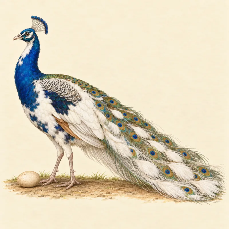 Illustration of a mostly white Silver Pied peacock with a blue neck, and a light brown egg