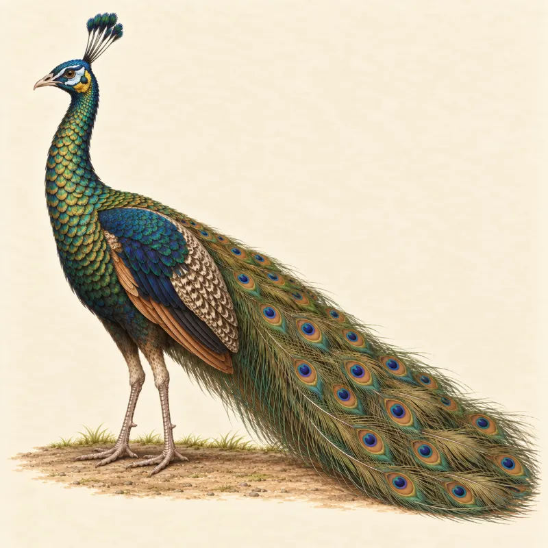 Illustration of a tall Spalding peacock with a green and blue scaled neck and a long train