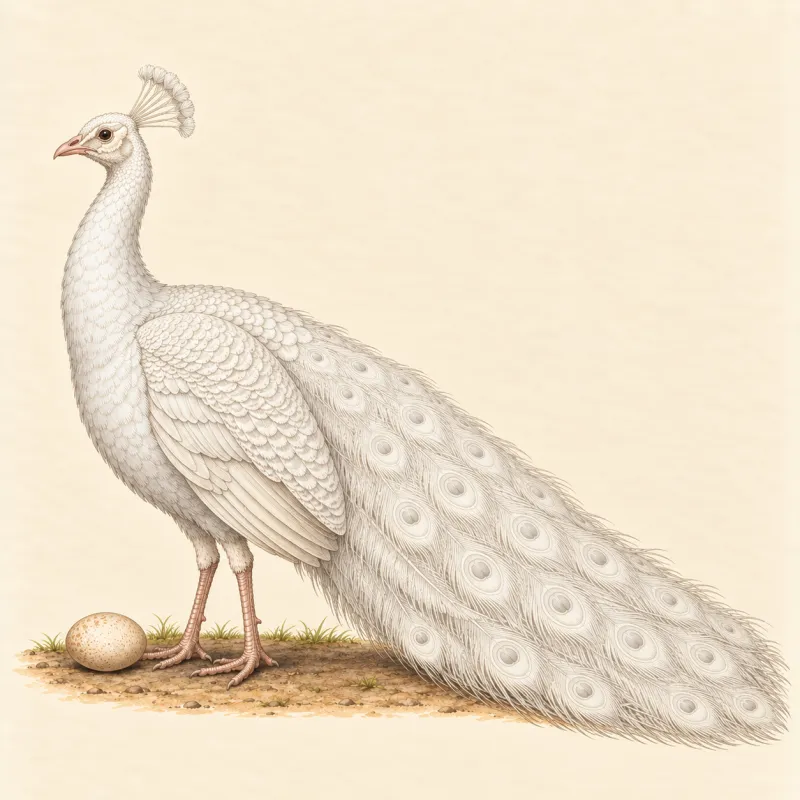 Illustration of an all-white peacock with a long white train, and a light brown egg