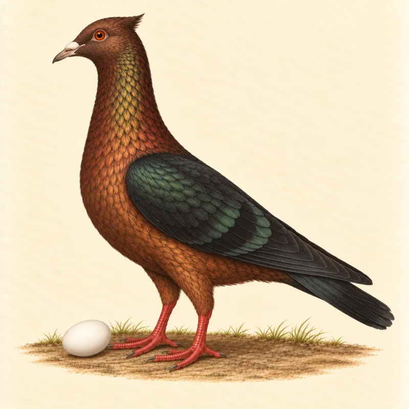 Illustration of an Archangel pigeon with a copper-bronze body and glossy black wings, and a small white egg