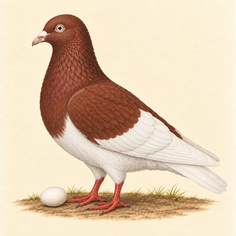 Illustration of a small red and white Birmingham Roller pigeon with a small white egg