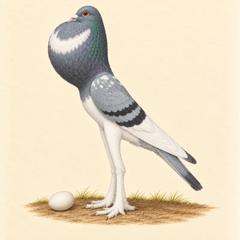 Illustration of a tall, upright English Pouter pigeon with an inflated crop and feathered legs, and a small white egg