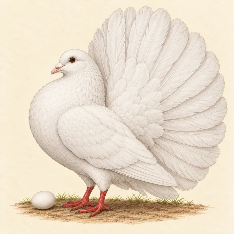 Illustration of a white Fantail pigeon with its tail spread in an upright fan and its head held back, and a small white egg