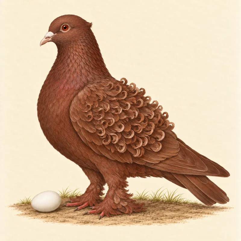 Illustration of a Frillback pigeon whose wing and back feathers curl at the tips, and a small white egg