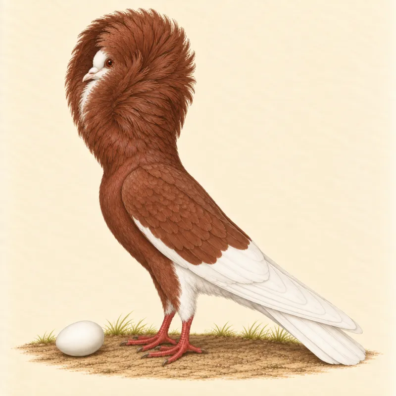 Illustration of a Jacobin pigeon with a hood of feathers around its head, and a small white egg