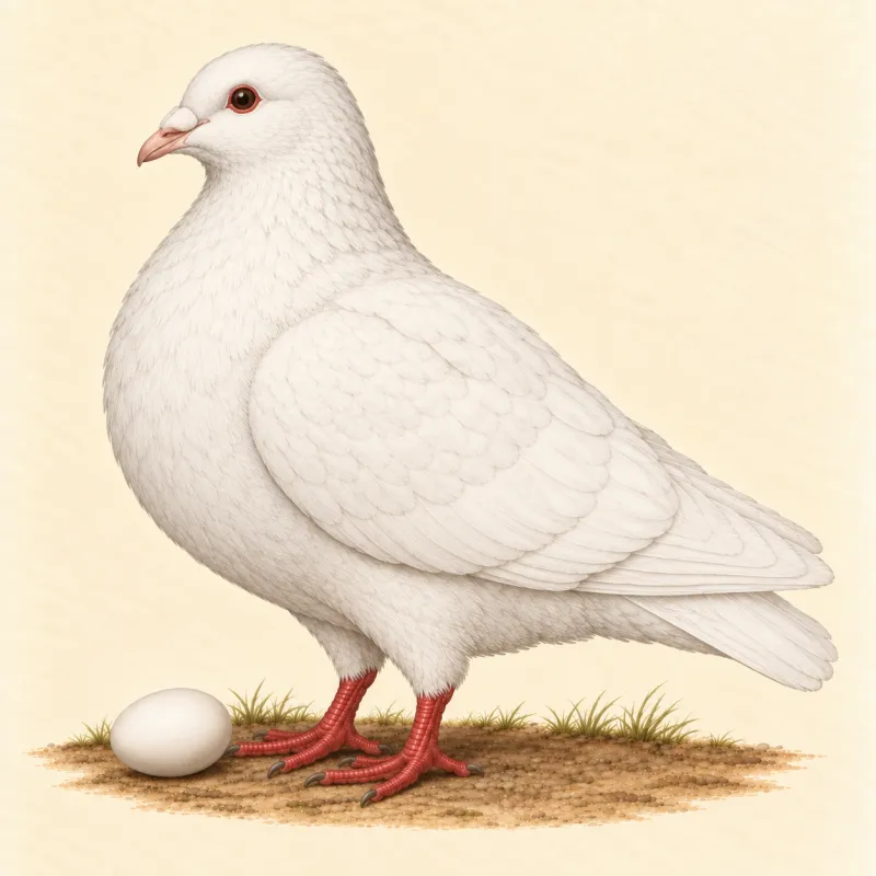 Illustration of a big, broad white King pigeon standing upright, with a white egg
