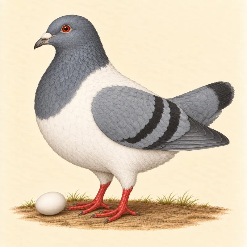 Illustration of a short, round Gazzi Modena pigeon, white with a coloured head, wings and tail, and a small white egg