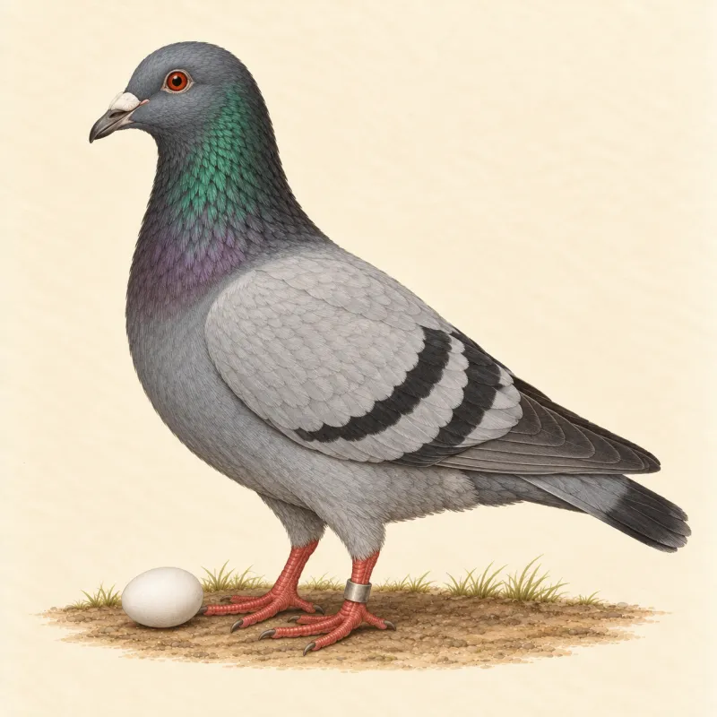 Illustration of a blue-grey Racing Homer pigeon with two black wing bars, and a small white egg