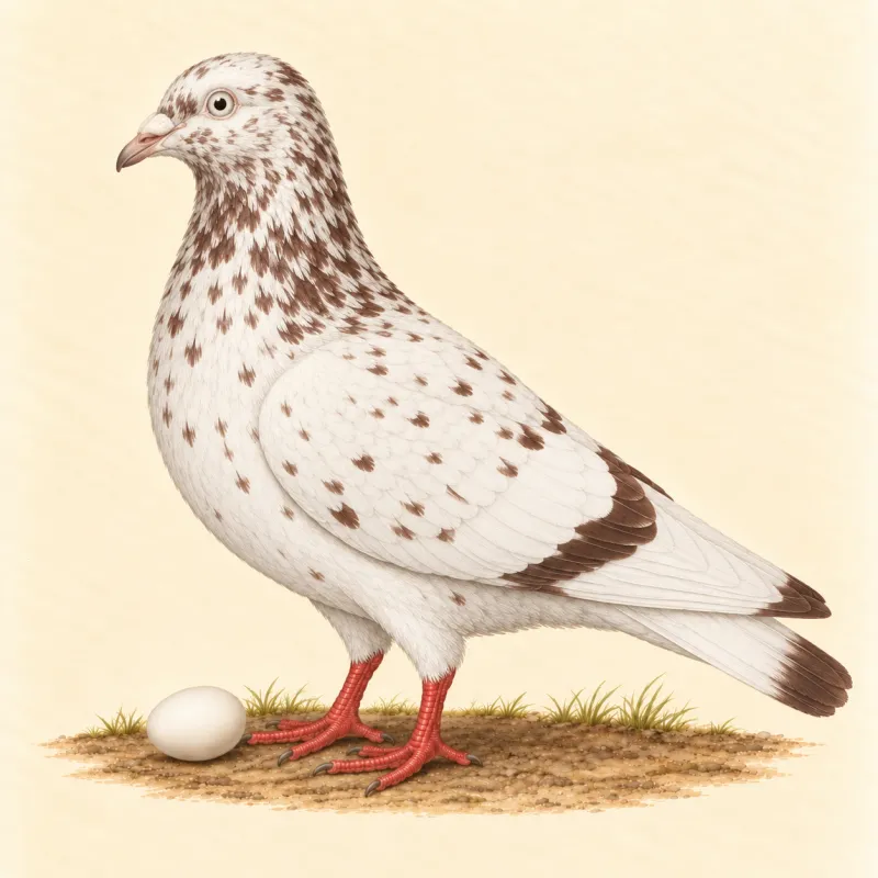Illustration of a Tippler pigeon, white marked with dark flecks, and a small white egg