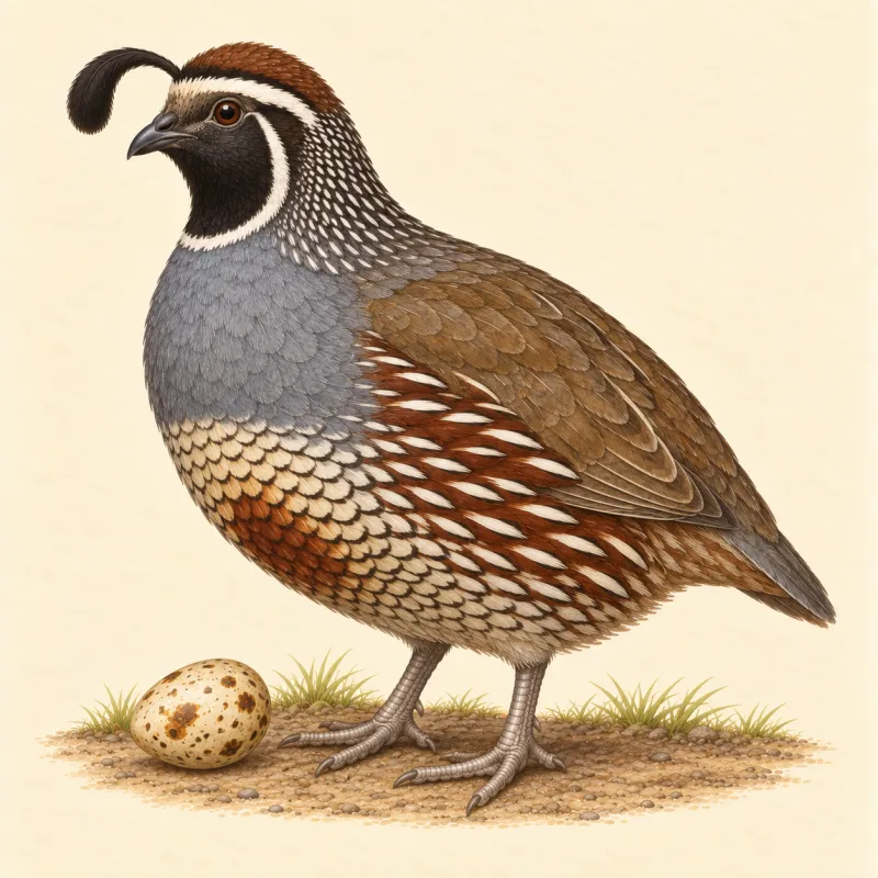 Illustration of a California quail cock with a forward-curling black head plume, and a marked cream egg