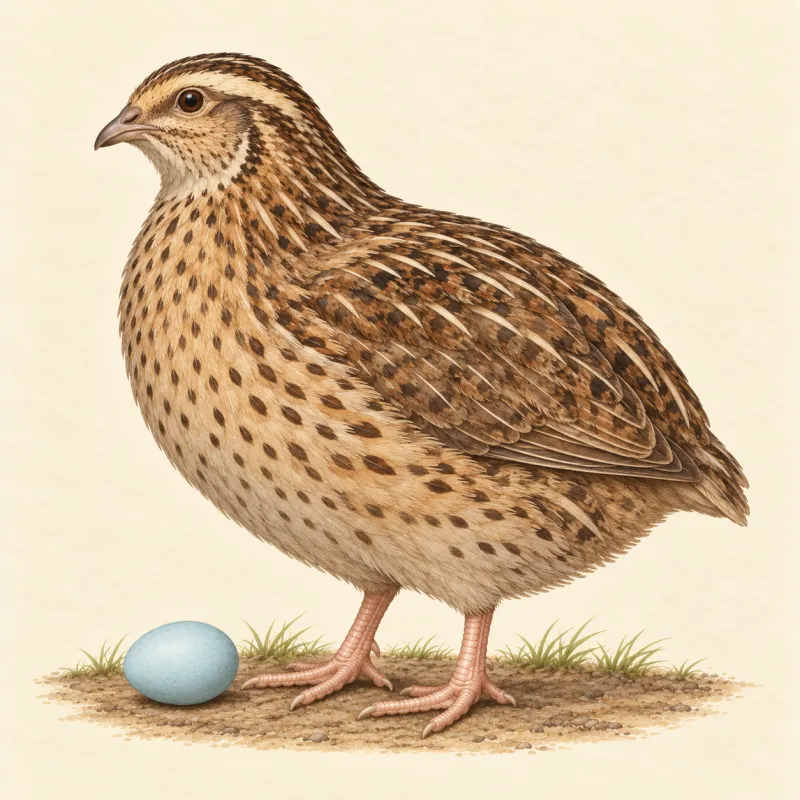 Illustration of a brown Coturnix quail beside a pale blue egg