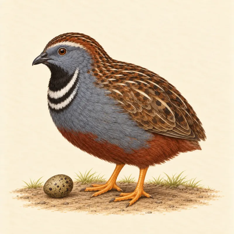Illustration of a tiny Chinese painted quail cock with a blue-grey breast, chestnut belly and black-and-white throat, and a small olive-brown egg