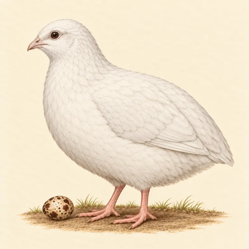 Illustration of an all-white English White Coturnix quail with a mottled brown egg