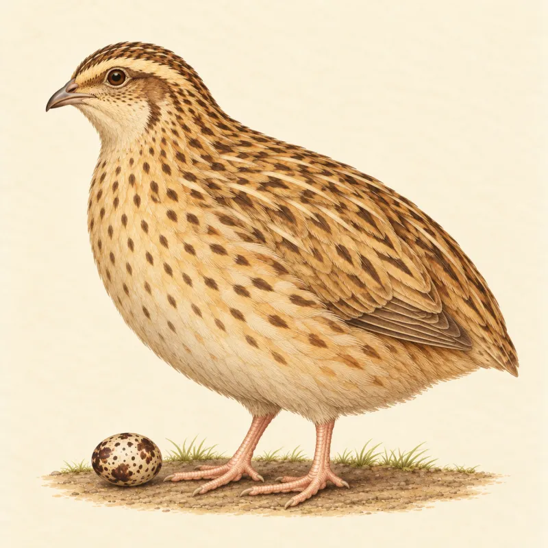 Illustration of a pale beige Italian Coturnix quail with dark striated markings, and a mottled brown egg