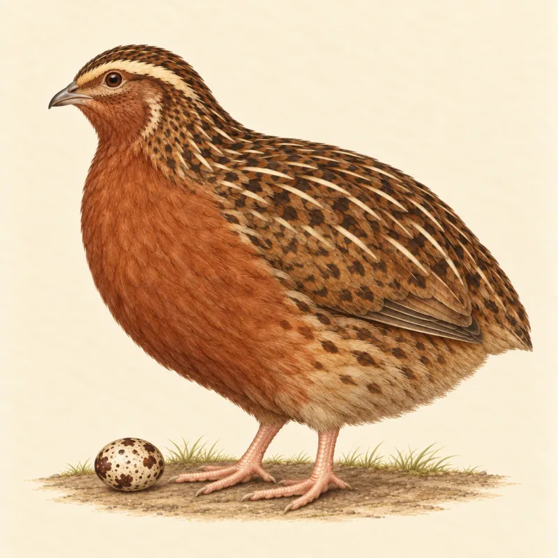 Illustration of a heavy brown Jumbo Coturnix quail cock with a plain rusty breast, and a mottled brown egg