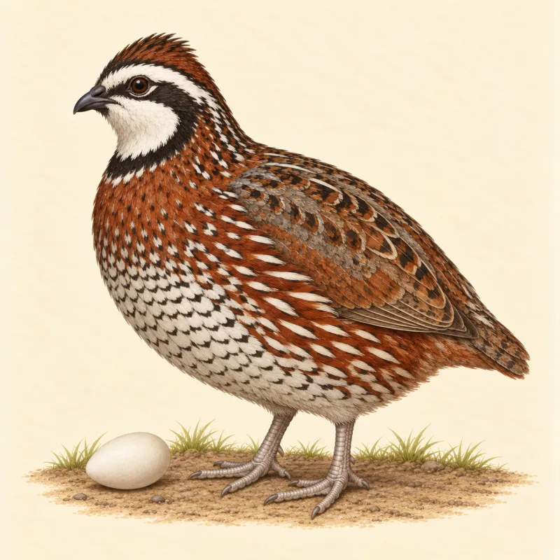 Illustration of a Northern Bobwhite cock with a white throat and eye stripe, and a white egg