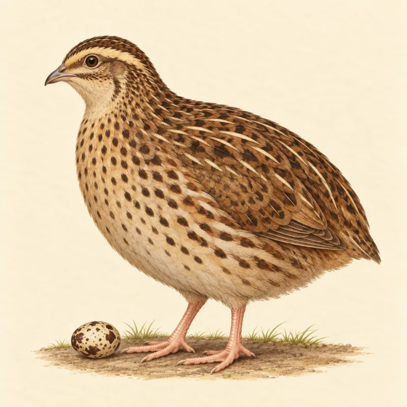 Illustration of a brown Pharaoh Coturnix quail hen with a speckled breast, and a mottled brown egg