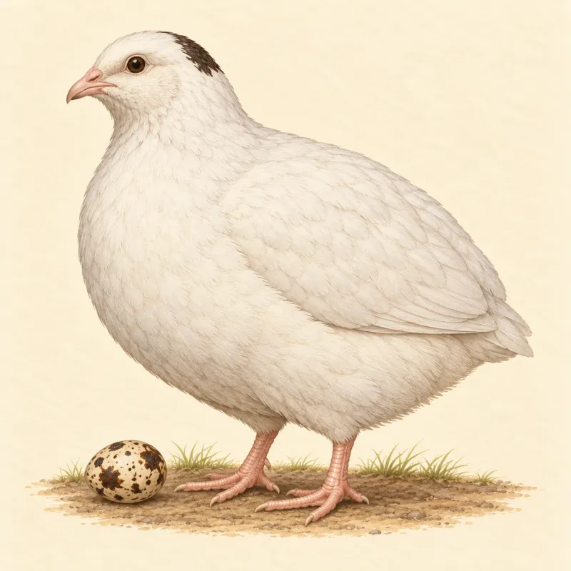 Illustration of a heavy white Texas A&M quail with a small dark patch on the head, and a mottled brown egg