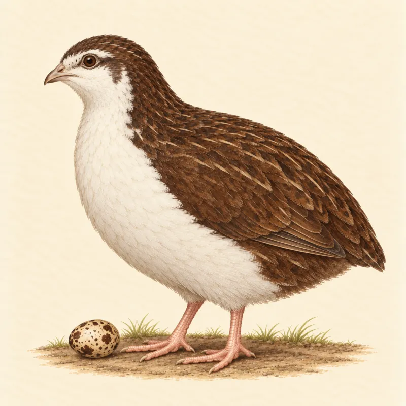 Illustration of a Tuxedo Coturnix quail, dark brown above with a white face and underside, and a mottled brown egg