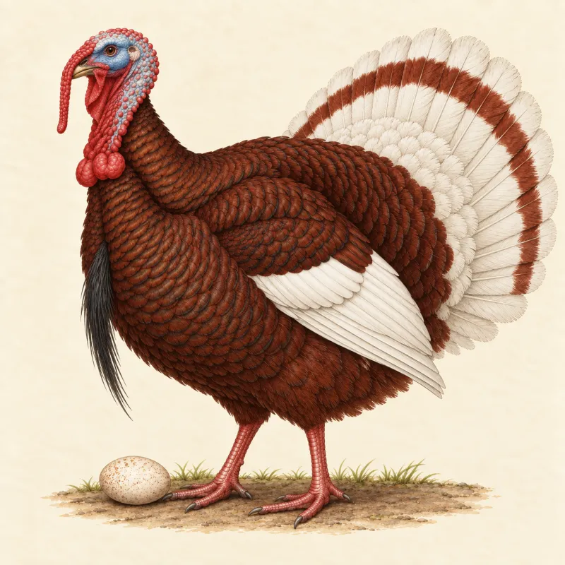 Illustration of a chestnut-red Bourbon Red turkey stag with white wings and tail, and a speckled egg